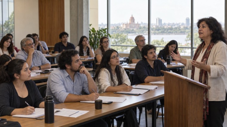 Imagen ilustrativa: una expositora habla ante un grupo de asistentes en una sala de trabajo